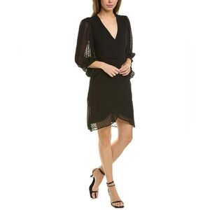 Donna Ricco Swiss Dot Balloon Sleeve Faux Wrap Dress In Black Size 6 NWOT